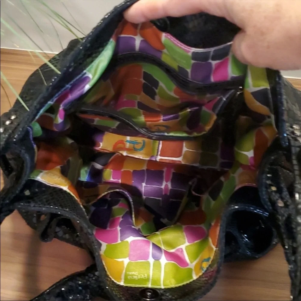 NWOT PERLINA BLACK SNAKESKIN EMBOSSED Hobo Bag w/Bow Sash